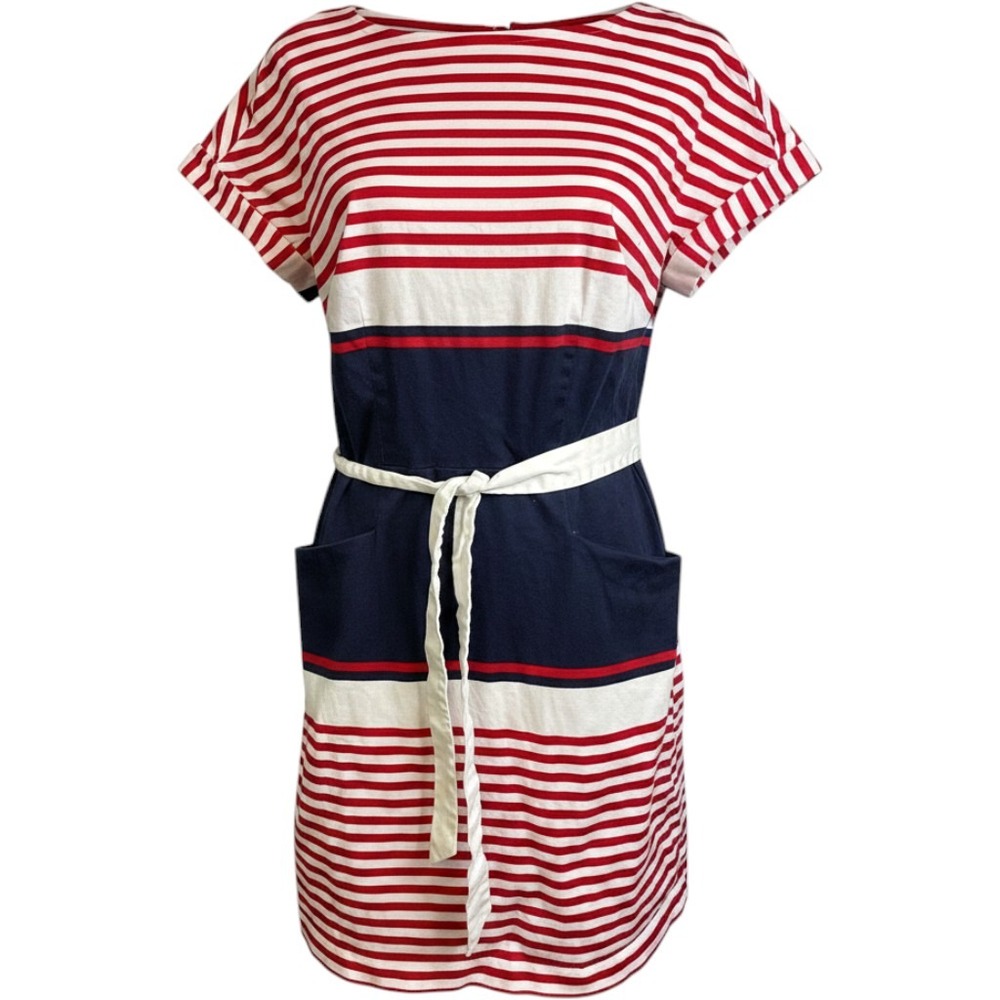 Tommy Hilfiger Women Striped Nautical Sheath Dress Navy Red White Belted Size 10 - Picture 2 of 10